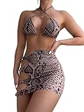 FCYYUETY 3-teiliges Kleid mit überkreuzten Seiten, sexy U-Ausschnitt, Bandeau-Bikini, Schlangenleder, flüssig, metallisch, Tanga-Badeanzug, Pink, S