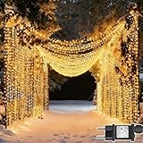 Dekofun Lichterketten Vorhang 600 LED 6m x 3m Lichtervorhang Aussen mit Timer und Stecker, 8 Modi Wasserdichte Lichterkette Wand für Außen Garten Fenster Hochzeit Weihnachtsdekoration - Warmweiß
