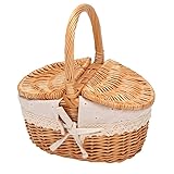 Lobamop Handgemachte Weiden Korb mit, Wicker Camping Picknick Korb mit Doppel Deckel, Einkaufskorb Korb mit Stoff Bezug