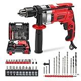 TEENO Elektrische Schlagbohrmaschine 910 W, kabelgebundene Schnur Schlagbohrer 0–3000 U/min mit 38 Zubehör, Bohrfutter 13 mm, 360° Drehgriff, Variabler Geschwindigkeitsknopf, Ziegel, Holz, Stahl