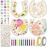 RUIJIE Hufeisen Holz, Hufeisen Kindergeburtstag, 24 Stück Scheiben Hufeisen mit 998 Glitzersteinen, 12 Aquarellstift & 2 Glitzerband, Holz Hufeisen Basteln für Kinder Party, Geburtstagsdeko, DIY