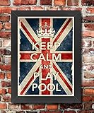 Affiche Prints KCV26 Gerahmtes Poster, Vintage-Stil, Union Jack, Keep Calm Play Pool Sport, lustiger Nachdruck, A3