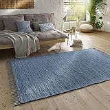 Taracarpet Handwebteppich Läufer Fleckerl Teppich Uni waschbar aus Baumwolle für Wohnzimmer und Küchenteppich 070x250 cm blau