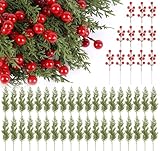 ilauke 50 Stück Tannenzweige Künstlich Wie Echt, große Künstliche Tannenzweige mit Roten Beerenzweig 30/25 cm, Kunst Tannenzweige Zweige für Vasen, DIY Zweige Zeko Weihnachten Weihnachtsdekoration