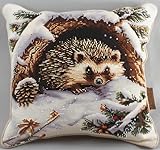 XFENDOUDOU 11CT Kreuzstich Kissen Set Igel im Schnee 45X45cm Kreuzstichkissen Set zum Basteln Stickkissen Stickpackung mit Vorgedruckt Kreuzstichmotiv