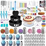 Nifogo Tortenplatte Drehbar Springform Spritztüllen Set 413 Stück, Kuchen Dekorieren Set mit 59 Edelstahl Spritztüllen, 103 Spritzbeutel, 1 Kuchenplatte, 3 Kuchenform