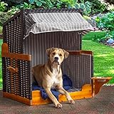 BRAST® Hundestrandkorb Hundebett Hundekorb Hundehütte grau/weiß gestreift incl. Schützhülle schwenkbarer Futternapf