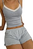 Himllauen Damen Y2k Top Shorts Set Lounge Set Slim Fit Y2k Oberteil + Shorts Set Sommer Elegant Sexy Zweiteiler Outfit Schlafanzug Pyjama Sets (M Grau, S)