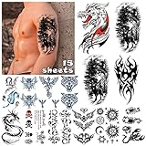 LEADTEAM 15 Blätter Fake Tattoos, Temporäre Arm Tattoo, Klebetattoos Erwachsene Aufkleben Herren Temporary Männer Tattoos Aufkleber Party Deko Geschenk