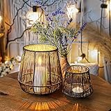 ZEYA Windlicht schwarz Gold Metall 2er Set, 15 + 9 cm hoch, Windlicht Boho, Trendige Teelichthalter Draht, Moderne Laterne Tischdeko, Kerzenhalter Deko Wohnzimmer, attraktives Präsent zu Weihnachten