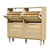 Schuhkipper Schuhkommode mit 4 Klappen Schuhschrank - Natürliches Rattan Schuhschrank Schmal hergestellt, Schuhschrank Landhaus mit Rattan,Eichenoptik,Flurkommode mit Metallgriffen,100 x 25 x 90 cm