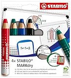 STABILO Whiteboard- und Flipchartmarker MARKdry - 4er Pack mit Spitzer und Abwischtuch - mit vier verschiedenen Farben