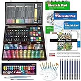 Shuttle Art 186 teiliges Malset, Deluxe Malkoffer mit Acrylfarben, Buntstift, Ölpastellkreide, Aquarellfarben, Wachsmalstifte, Malbuch, Aquarellblock, Holzkoffer, für Kinder und Erwachsene geeignet