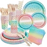 DN DENNOV 168Stück Regenbogen Partygeschirr,Partyzubehör Pappteller Set,Wiederverwendbar Papier Geschirr Set mit Teller Becher Servietten Gabellöffel aus Holz zum Geburtstag,Jubiläums-24Gäste