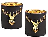 2er Set Windlichter Hirschkopf Schwarz-Gold Ø 7 cm – Teelichthalter aus Glas für Herbst & Winter – Stilvolle Tischdeko Weihnachten, Advent, Jagdzimmer, Chalet (Hirschkopf schwarz & Gold 2er Set)